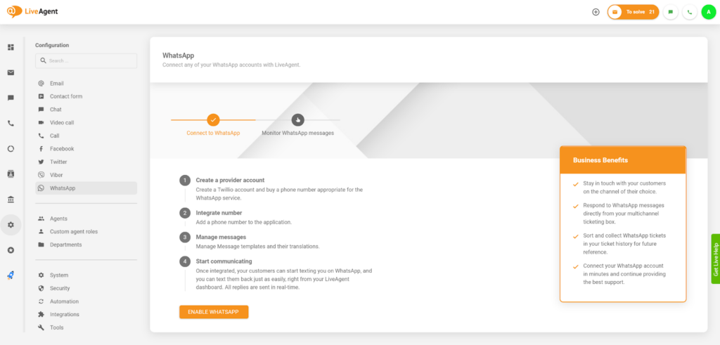 LiveAgent: Integracja WhatsApp